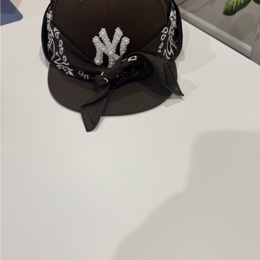 Brown Cap with White Beaded Logo and Bandana